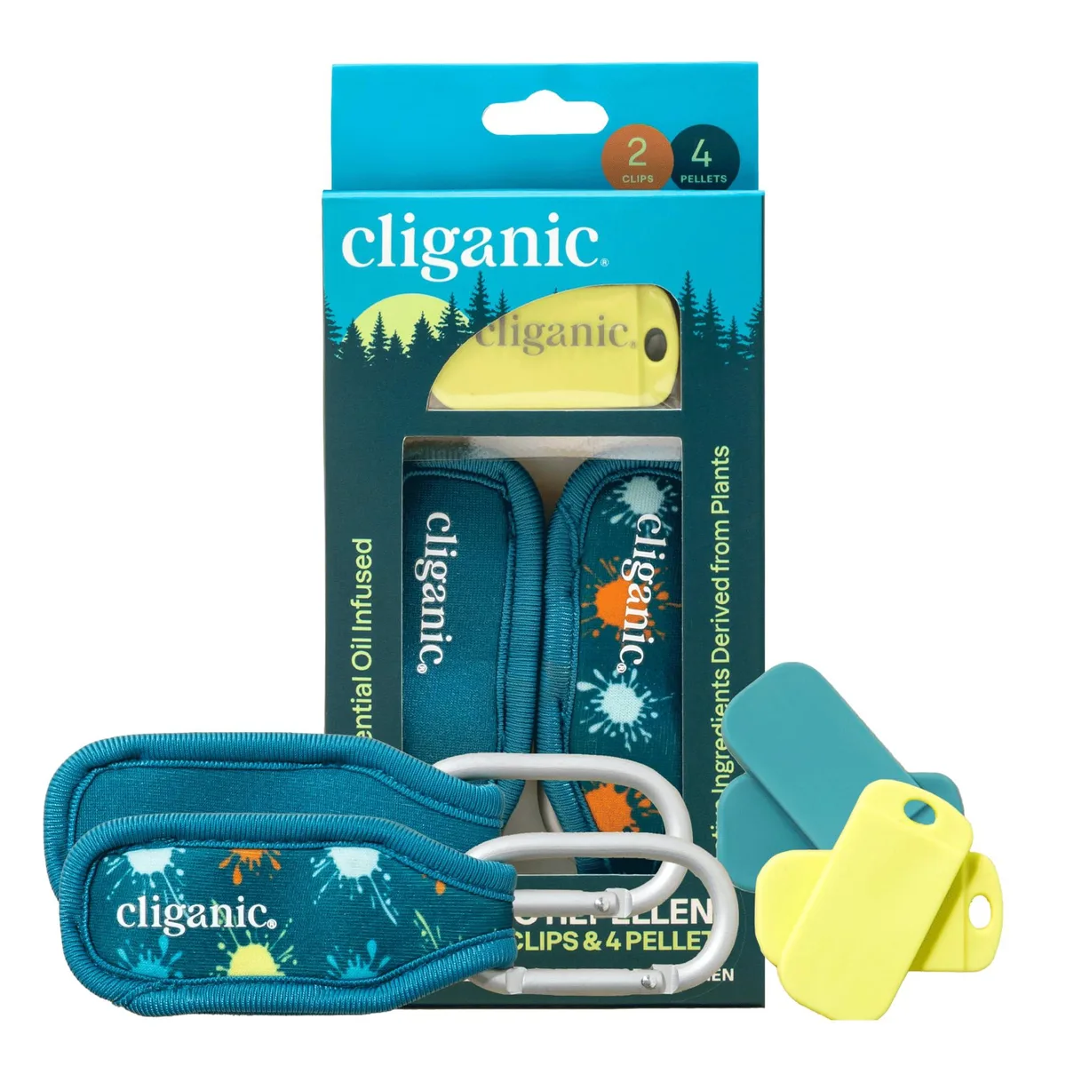 Two white plastic clips with four small refill pellets in a clear resealable bag