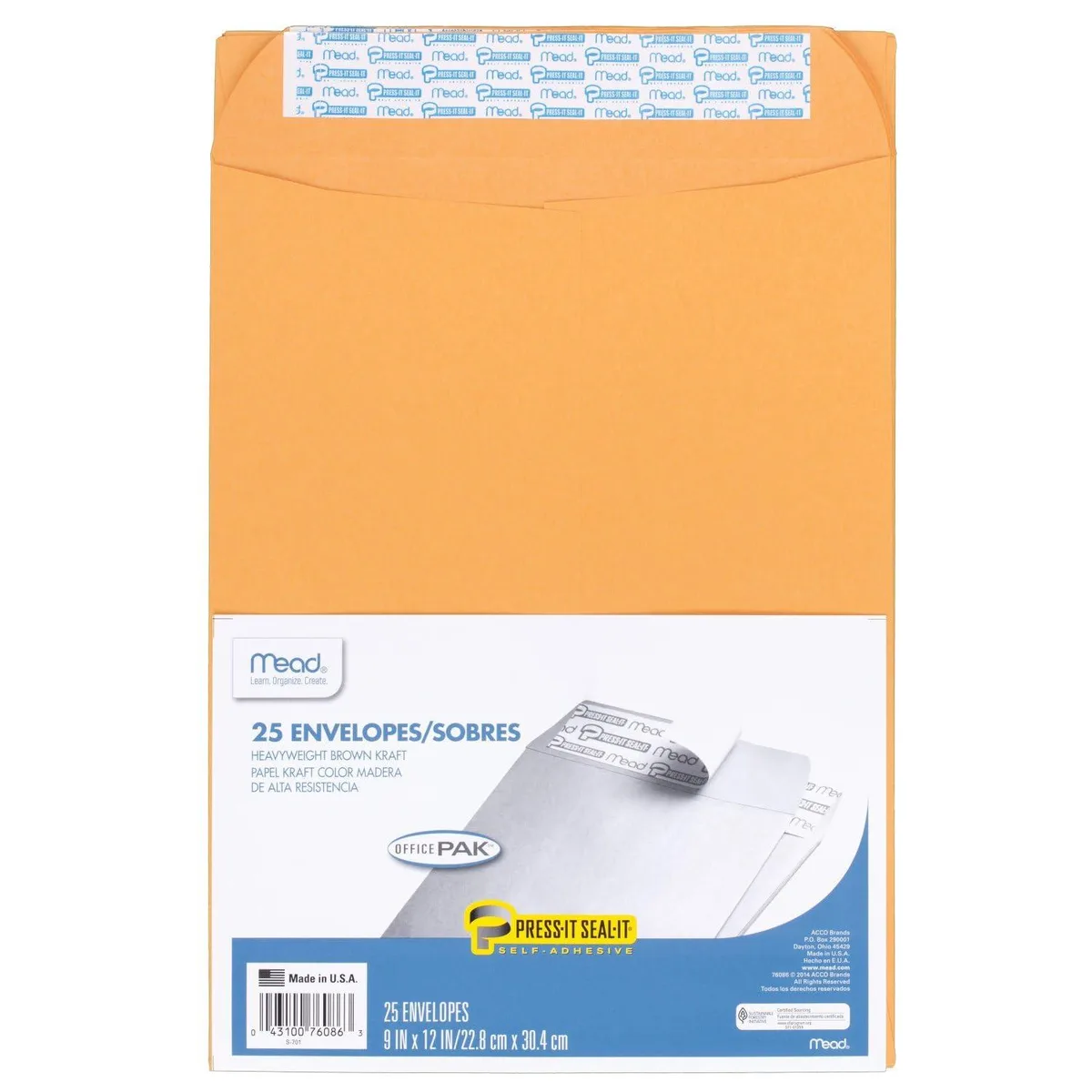  Mead 76086 Press-It Seal-It Envelopes 9" x 12" Brown Kraft 24-lb 25 Count — product photo