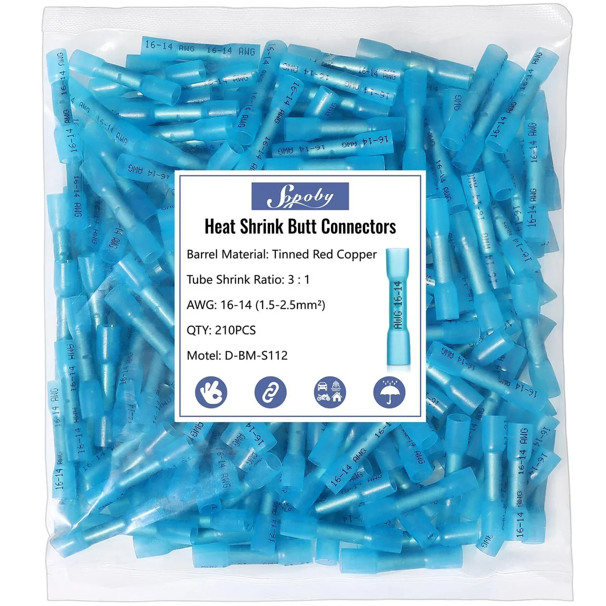  Heat Shrink Butt Wire Connectors 210Pcs 16-14 AWG Blue — product photo