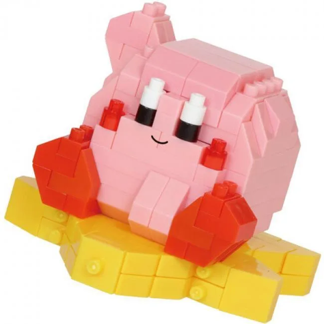 Small pink Kirby figure on clear Warp Star base, micro bricks, boxed kit