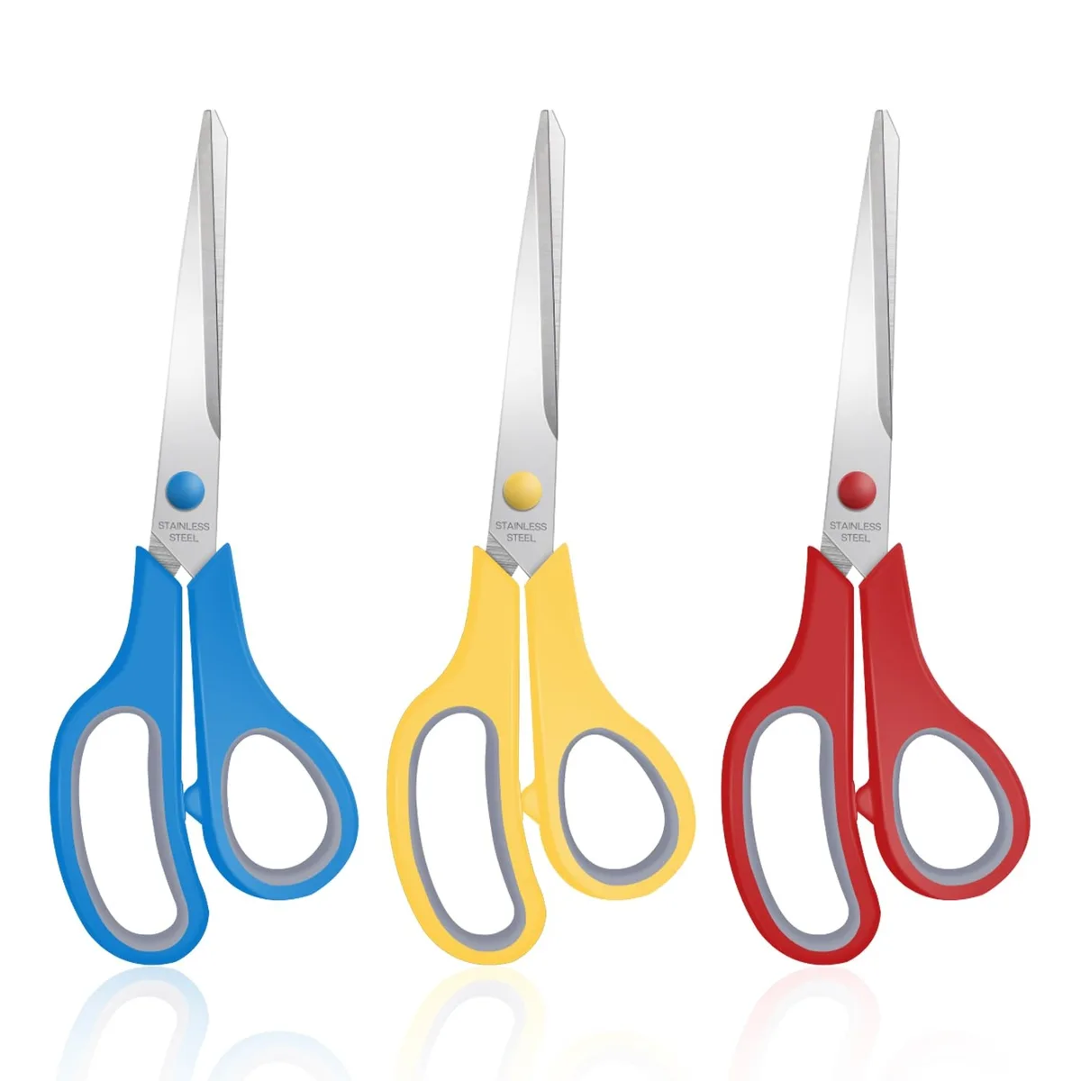 Three blue 8-inch stainless steel scissors with aluminium finish