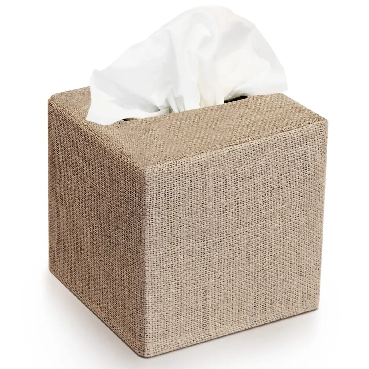 Beige burlap fabric tissue box cover, soft slip-on design, folded flat, 4.6 by 5.1 inches
