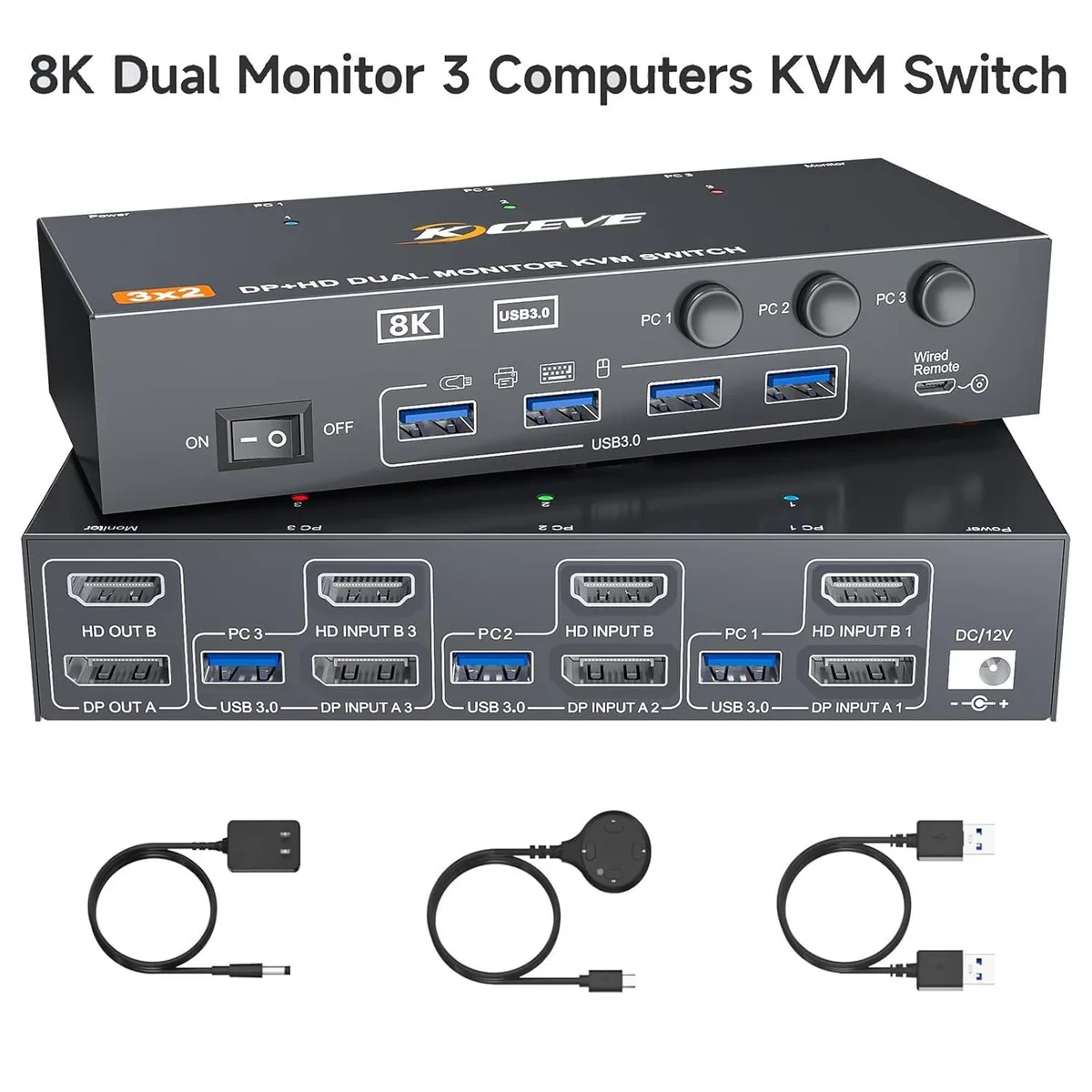 WRIARICH WRIARICH HDMI+DP KVM Switch 2 Monitors 3 Computers 8K@60Hz 4K@144Hz 4 USB 3.0 Ports — product photo