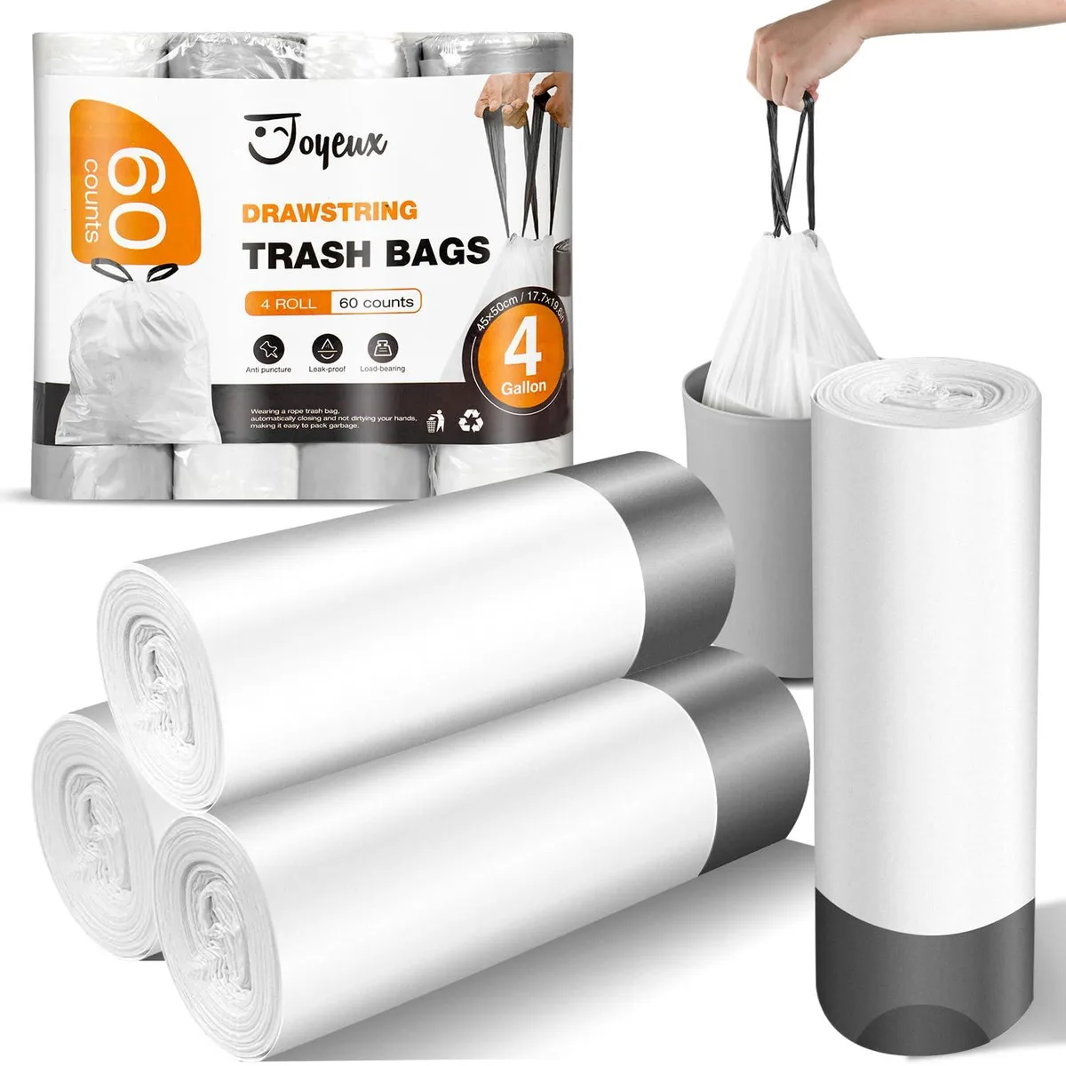 White 4-gallon drawstring trash bags on rolls, 60 count, HDPE plastic