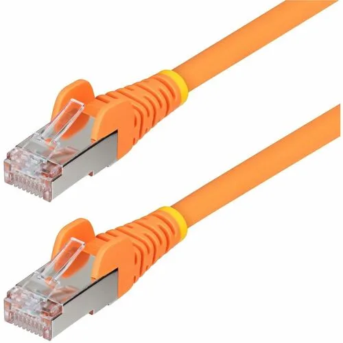 Orange shielded CAT6a Ethernet cable with snagless RJ45 connectors, 3 feet long