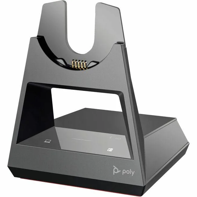 Poly Voyager headset cradle, black plastic stand with charging contacts