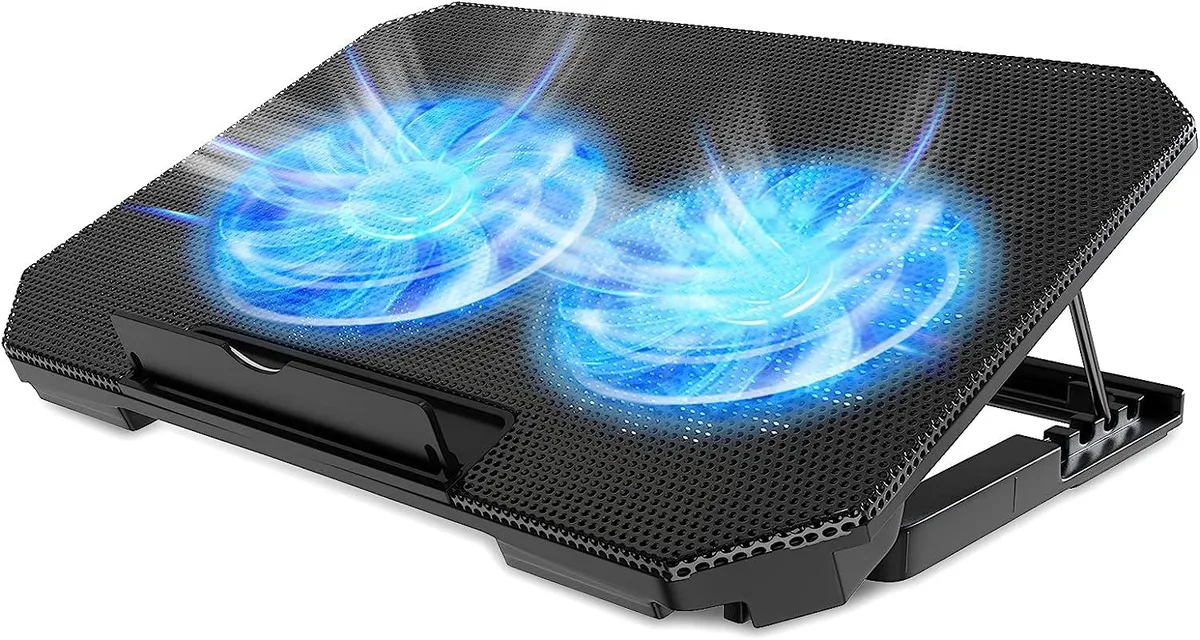 Black laptop cooling pad with two 5.1 inch fans, adjustable height stand, blue LED lights, two USB ports