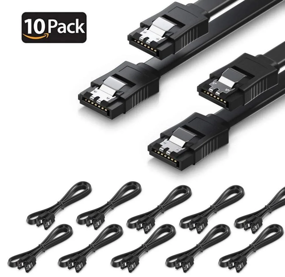 Ten straight SATA cables with metal locking latches, 16 inch length