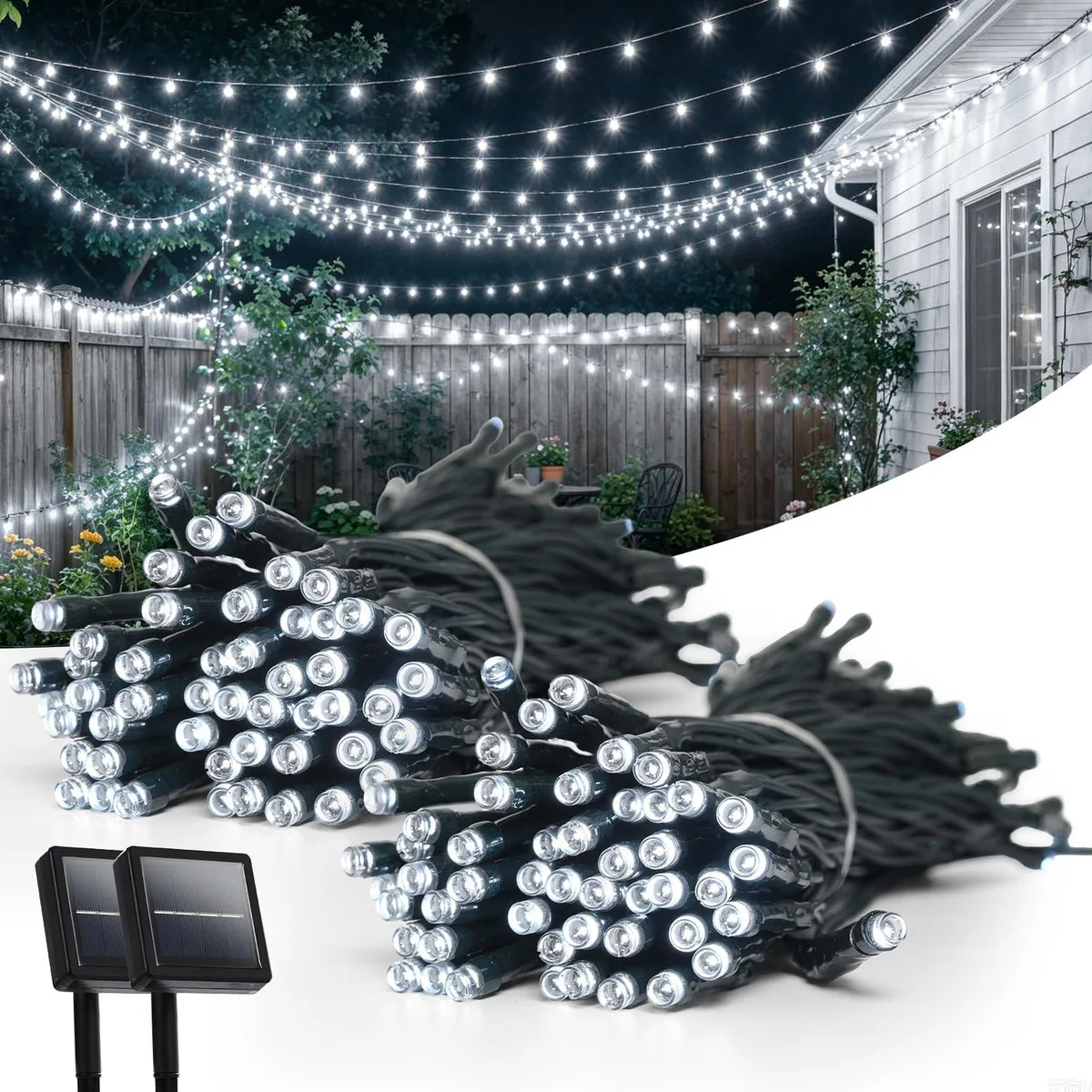 Two white wire solar light strands with 100 cold white LEDs each, 50 feet long, IP44 rated