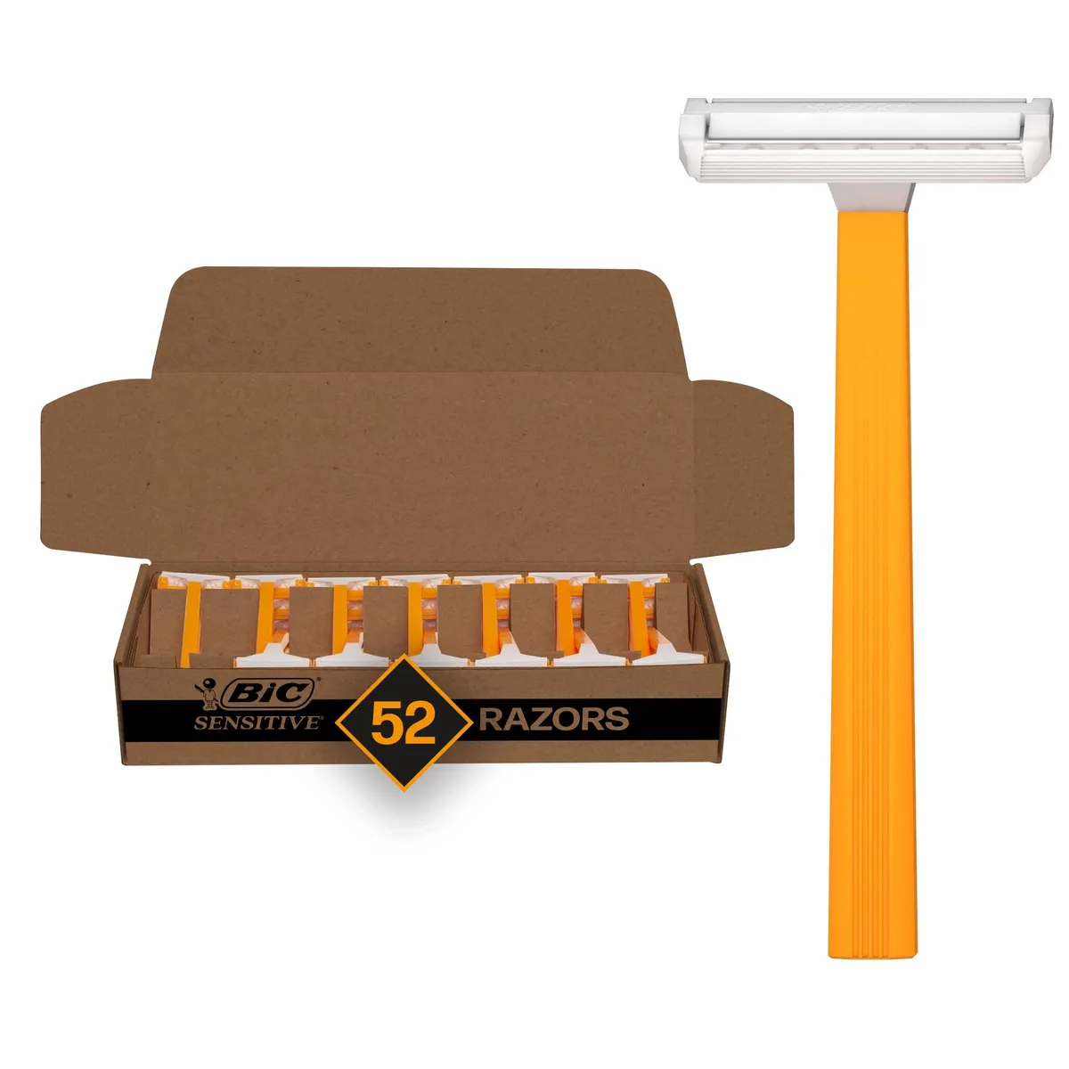 Cardboard box holding 52 black single-blade disposable razors
