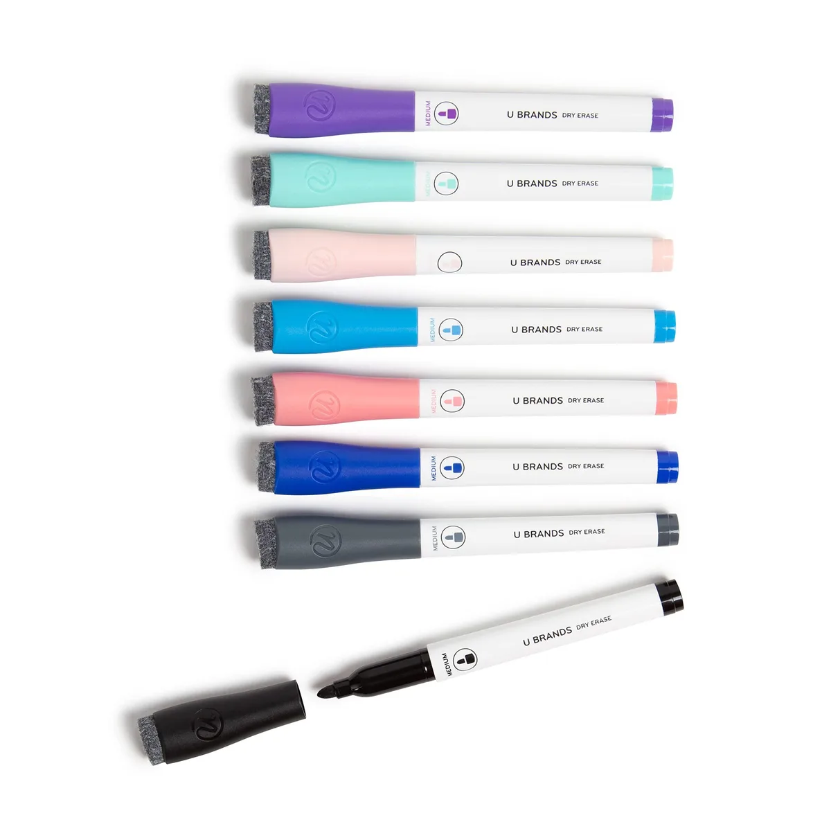 Set of eight fine tip dry erase markers with erasers on caps, assorted bright colours