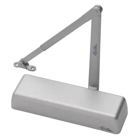 Silver hydraulic door closer with parallel arm, aluminum painted finish