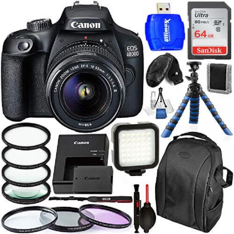 Canon International Canon EOS 4000D Rebel T100 18MP DSLR camera 12-piece bundle — product photo