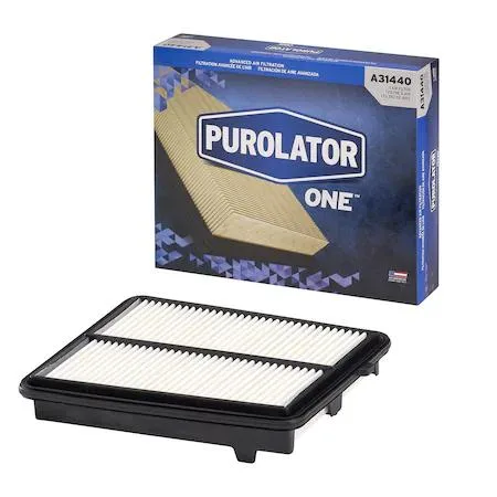 White rectangular pleated paper air filter with black rubber seal and PurolatorONE branding