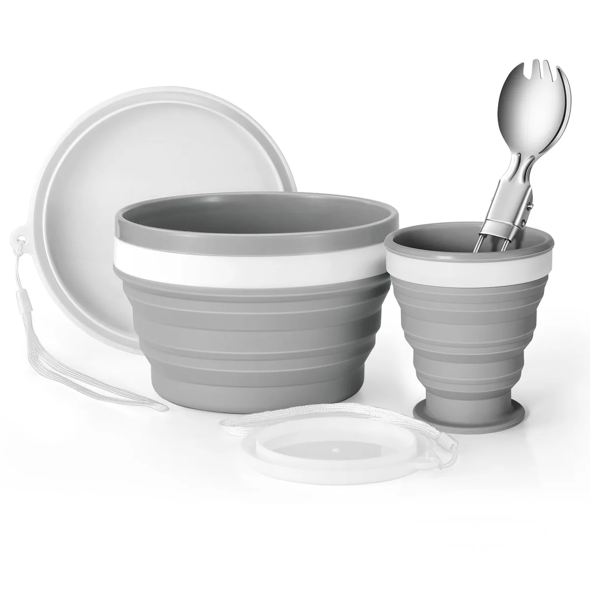 Three-piece grey silicone collapsible cup, bowl and spork set