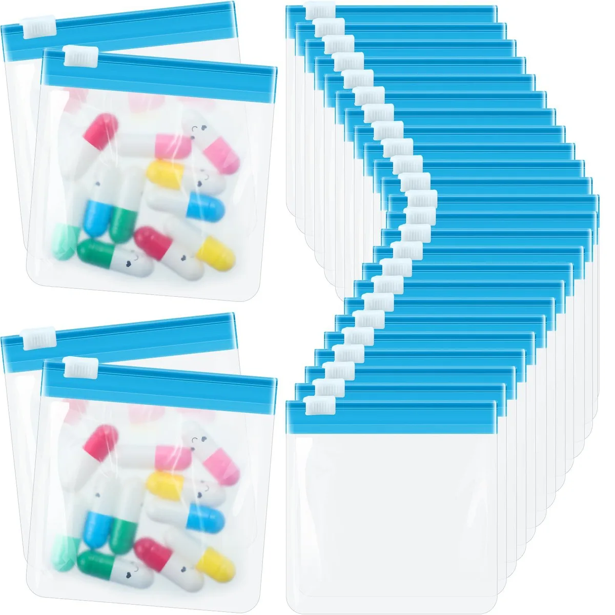 Twenty-four translucent light-blue zippered pouches in a flat stack