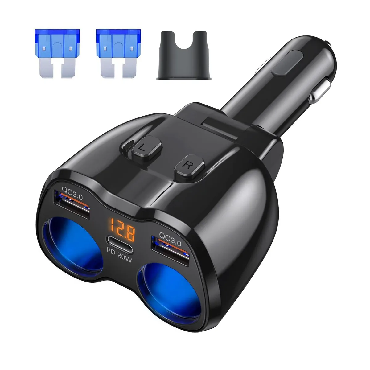 Otium C46Q 150W Car Charger USB Charger 20W PD QC 3.0 Dual Socket 12V 24V LED Display 15A Fuse — product photo