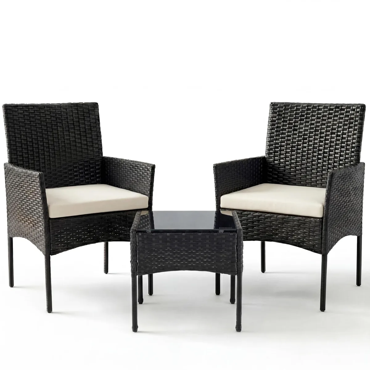 Black wicker bistro set with two cushioned chairs and a square glass table
