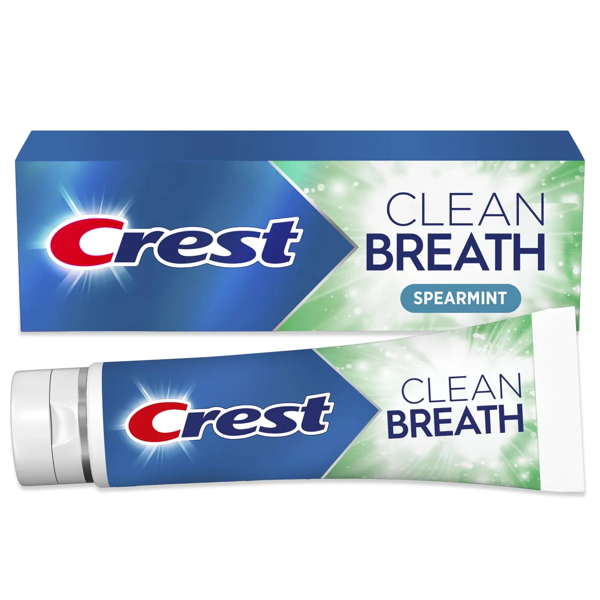 White 4.6oz Crest Clean Breath Spearmint toothpaste tube with flip cap