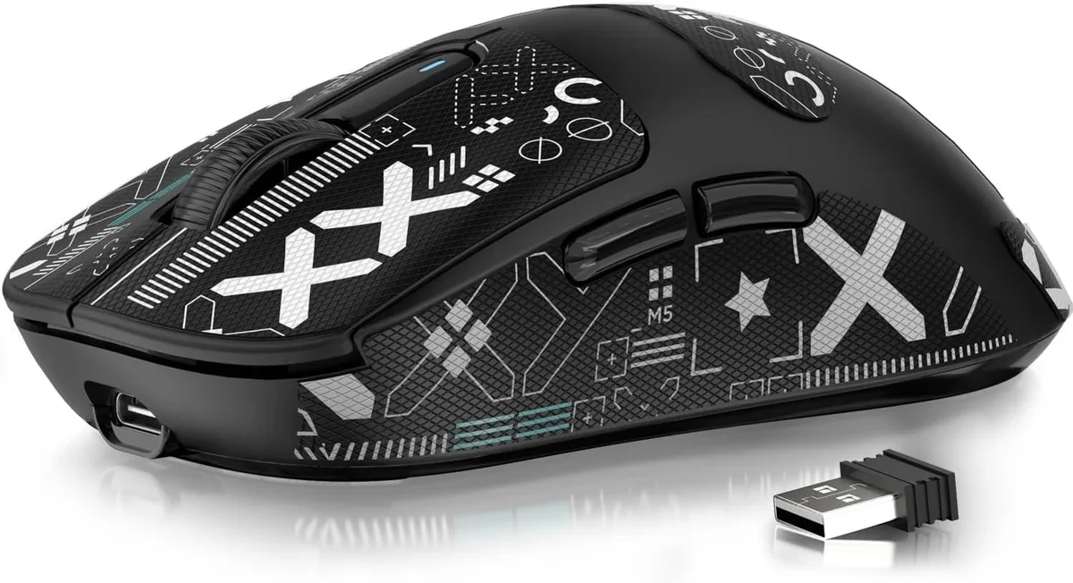A black right-handed wireless gaming mouse with symmetrical shape, matte finish, and USB-C port visible