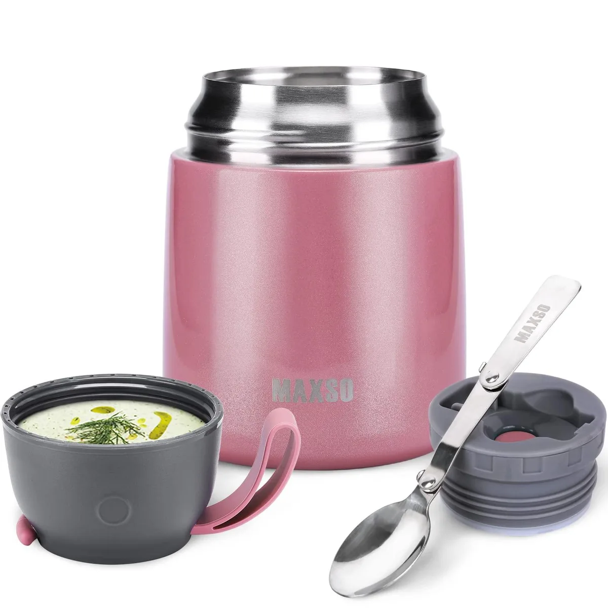 Red stainless steel vacuum food jar with folding spoon and rubber handle
