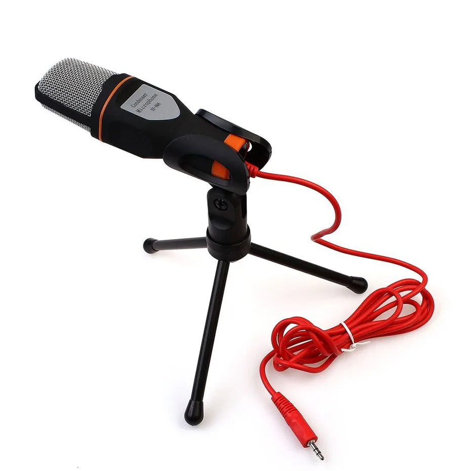 Black condenser microphone on mini tripod with 3.5mm plug