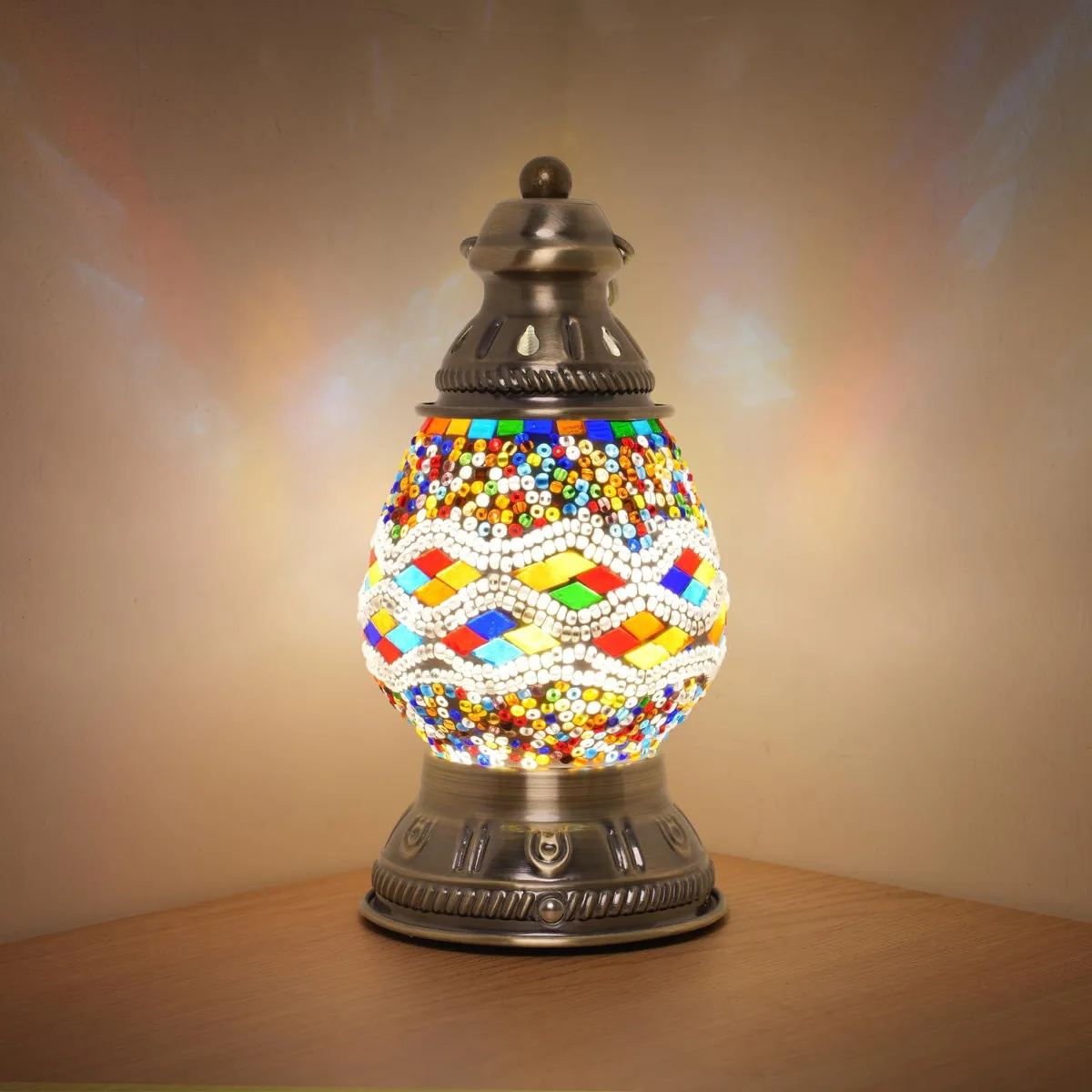 Handmade Turkish mosaic glass table lamp, round shade, colourful stained glass finish, cordless USB rechargeable design