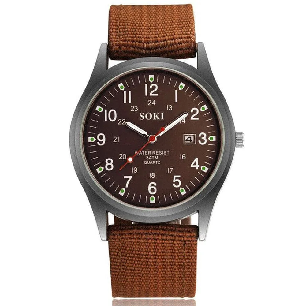 Brown military quartz watch with nylon strap and luminous dial