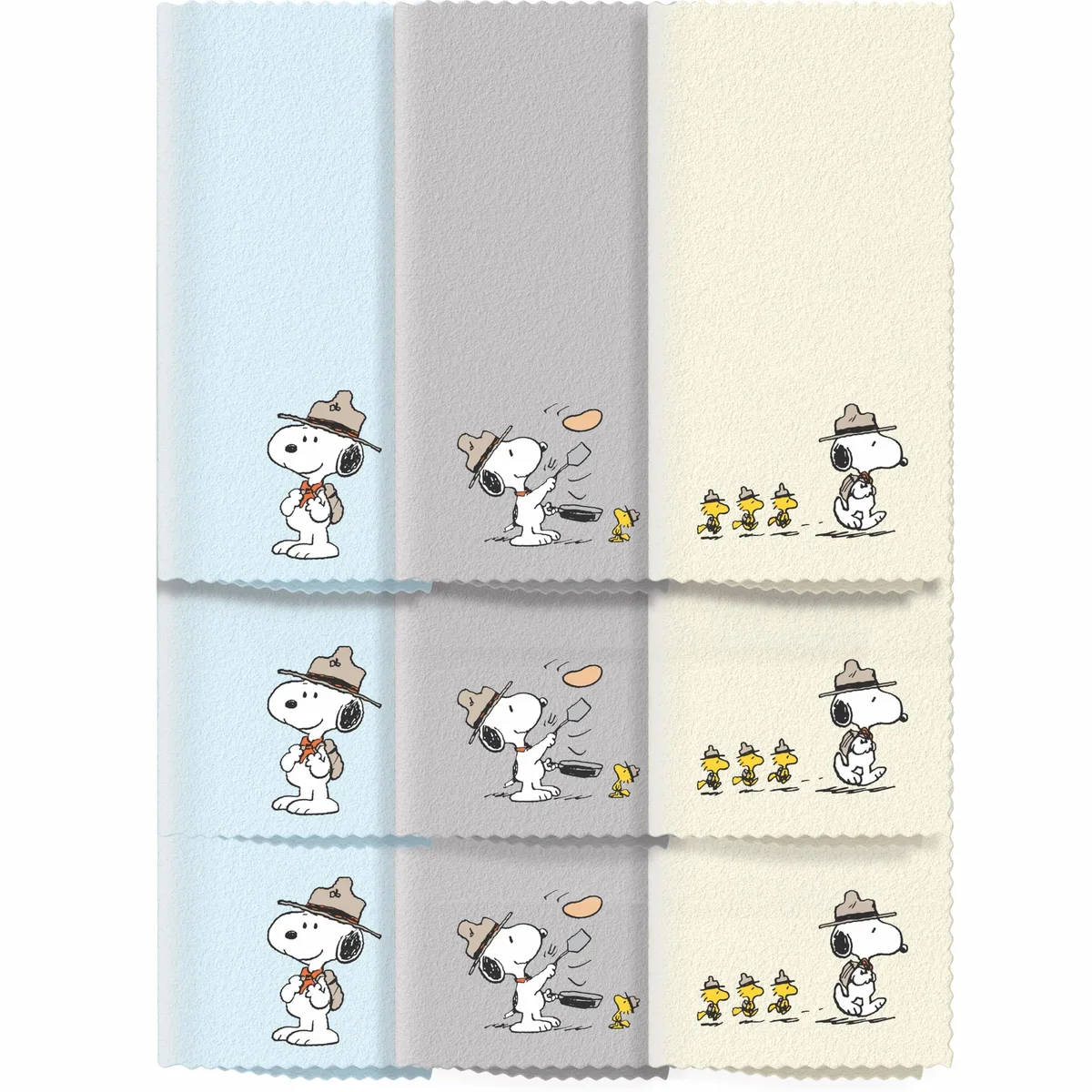 Nine folded microfiber cloths with Snoopy prints in assorted colours