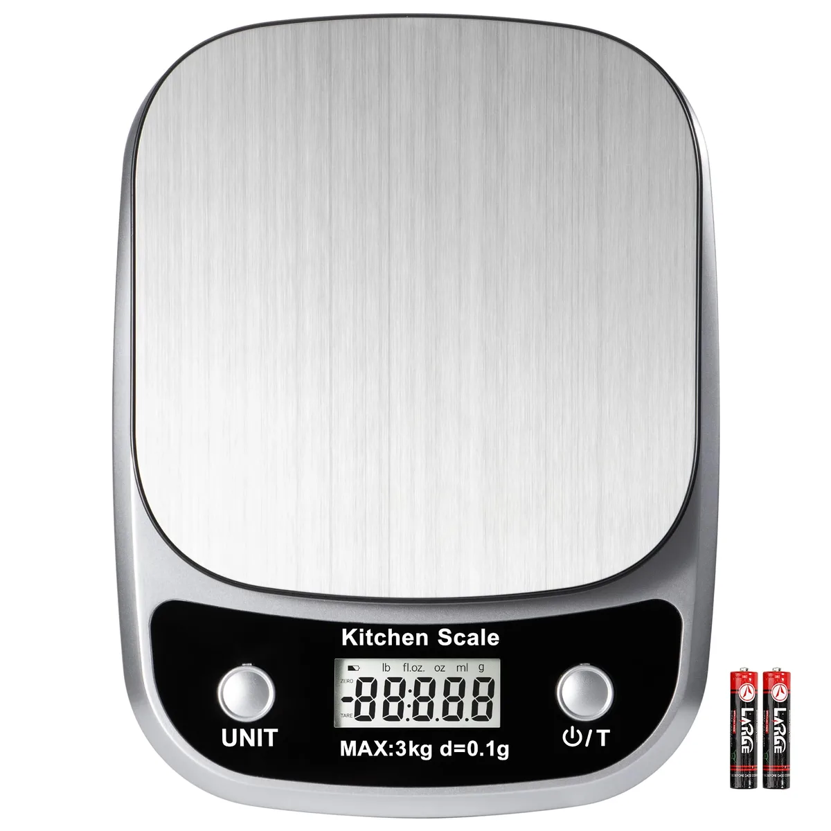 Silver digital kitchen scale with stainless steel platform and backlit LCD display