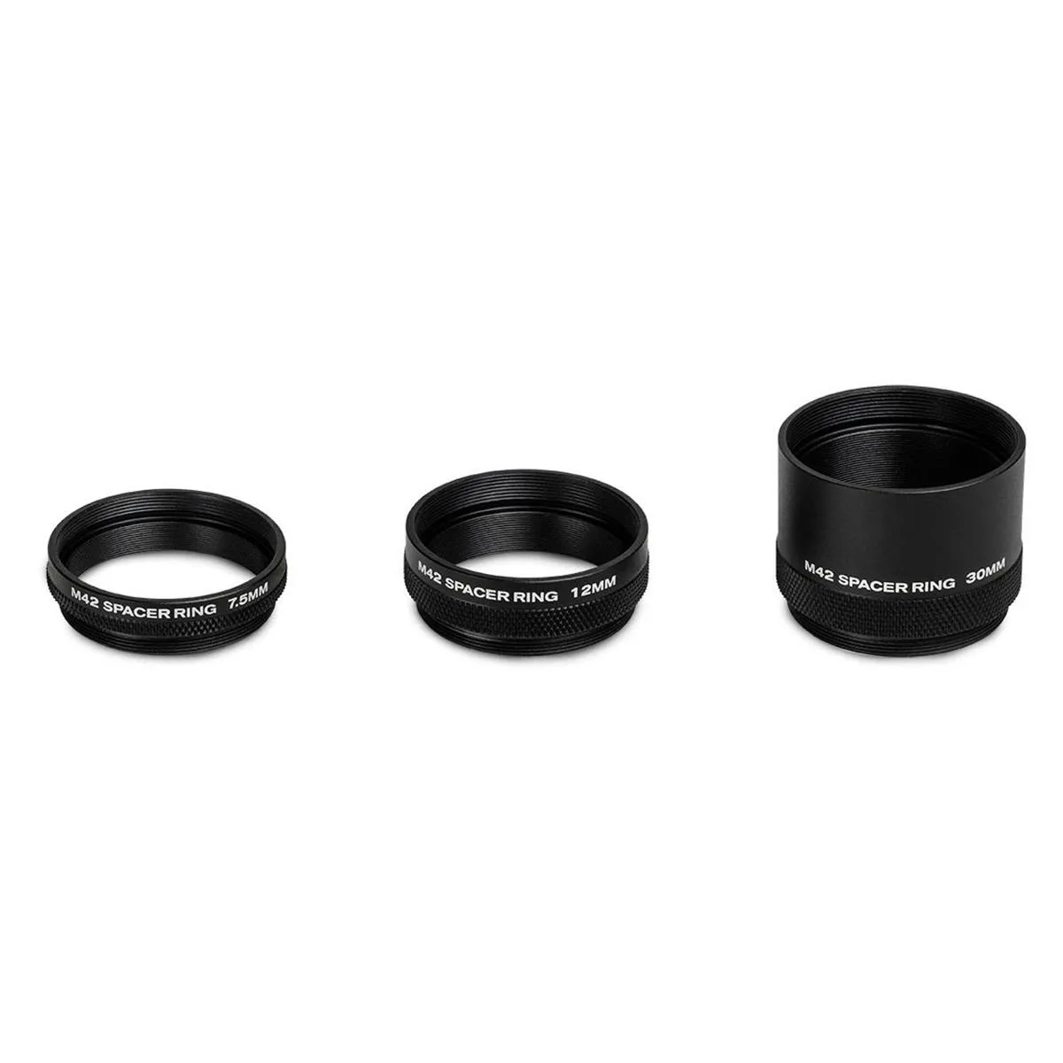 Three silver metal spacer rings with M42 threads in 7.5mm 12mm 30mm thicknesses