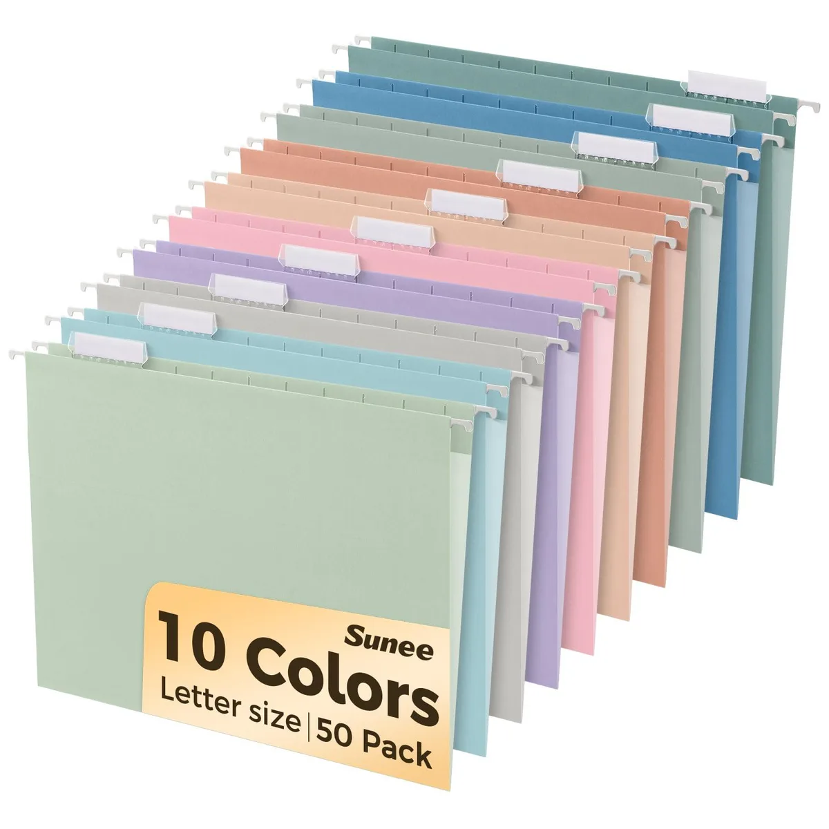 Box of 50 letter-size hanging file folders in 10 pastel colours with 1/5-cut tabs and labels