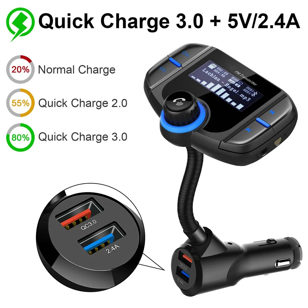 ESTONE ESTONE BT70 Bluetooth FM Transmitter Dual USB 12-24V 1.7" LCD 270° 32G TF QC3.0 2.4A — product photo