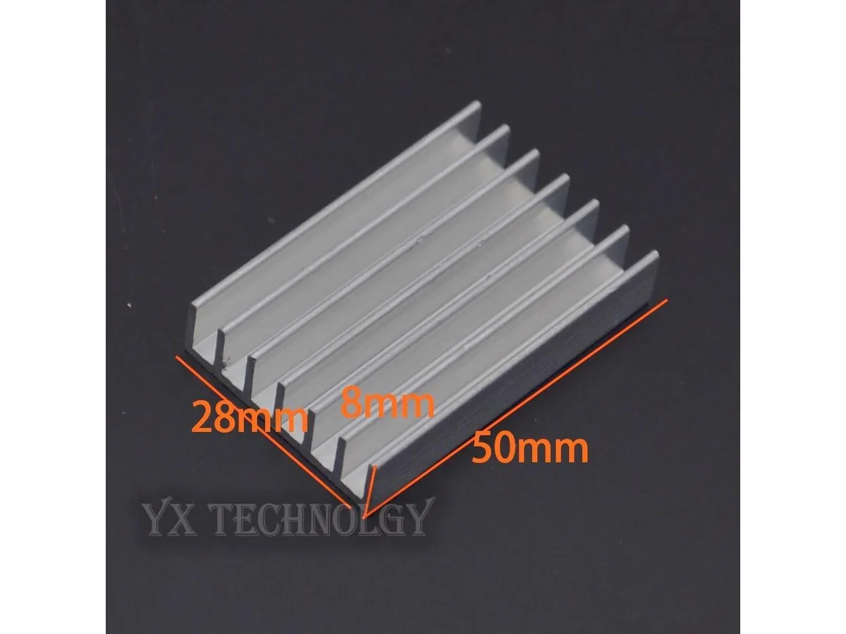 Five small rectangular metal heatsink blocks with fins