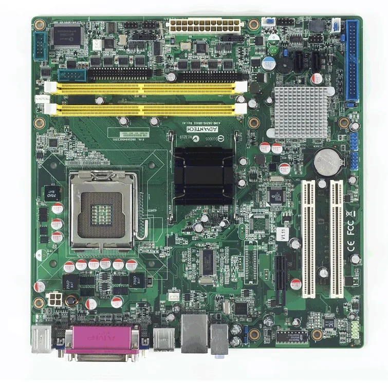 Green Micro ATX server motherboard with silver ports and black slots