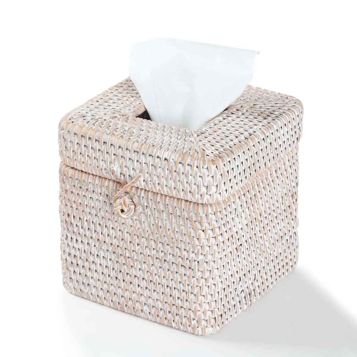 Whitewash rattan square tissue box cover with hinged lid