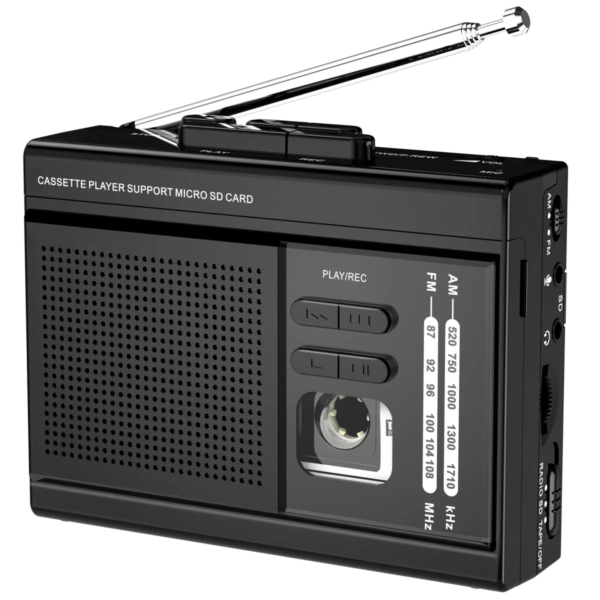  Gracioso Cassette Player Converter with AM FM Radio SD Card USB-C AA Power 3.5mm Jack Black — product photo