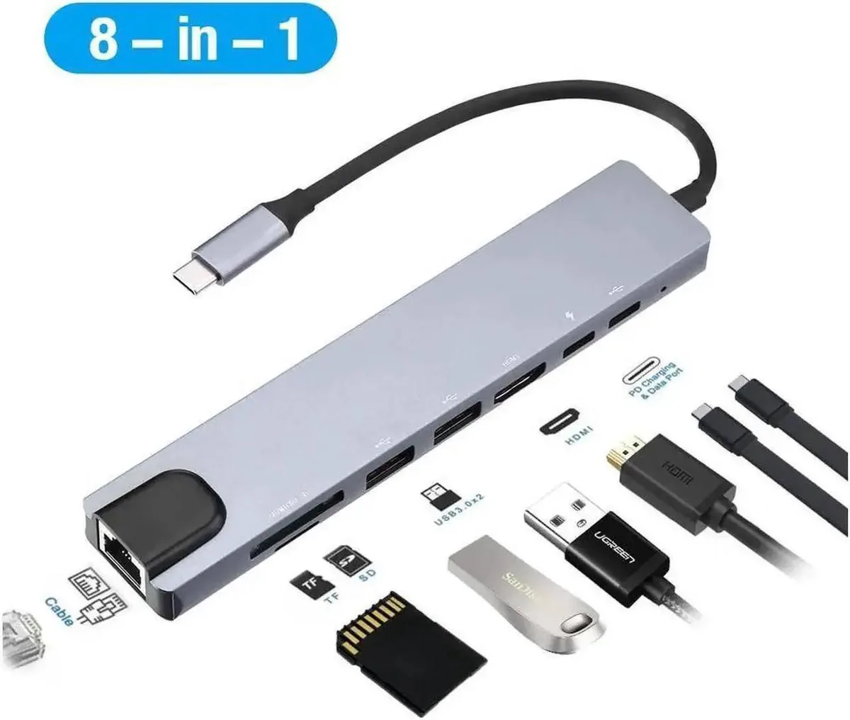 Compact gray 8-in-1 USB-C hub with HDMI, USB 3.0, SD/TF slots and PD pass-through