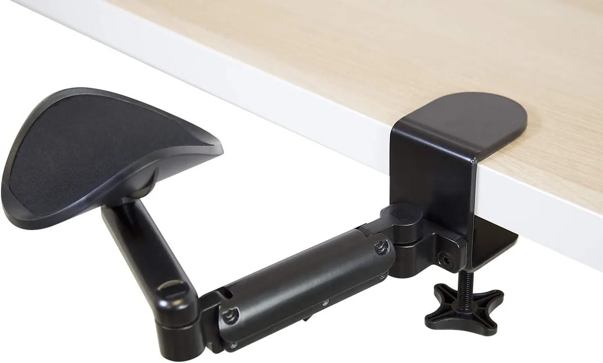 Silver steel clamp-on arm rest with height-adjustable pivoting support pad