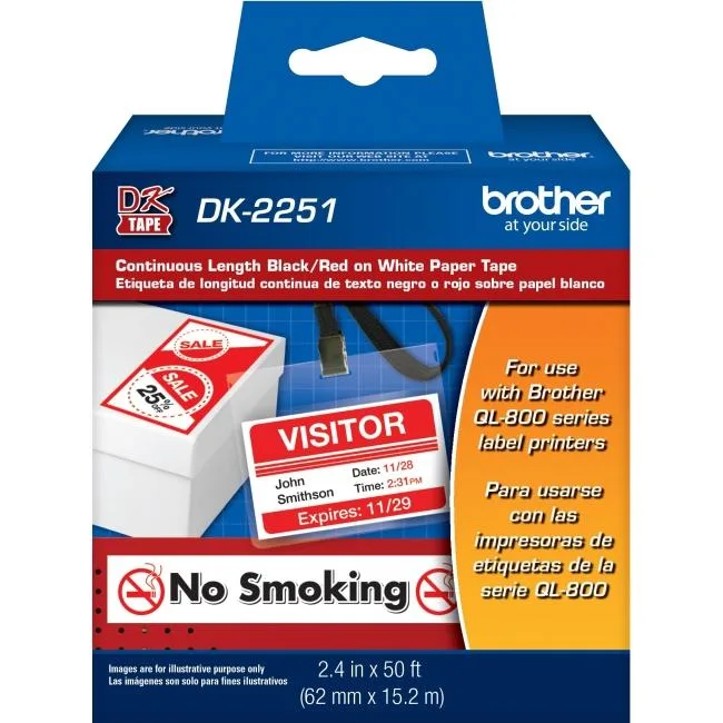 Brother Brother DK2251 Black/Red on White Continuous Paper Label Roll 2.4" x 50 — product photo