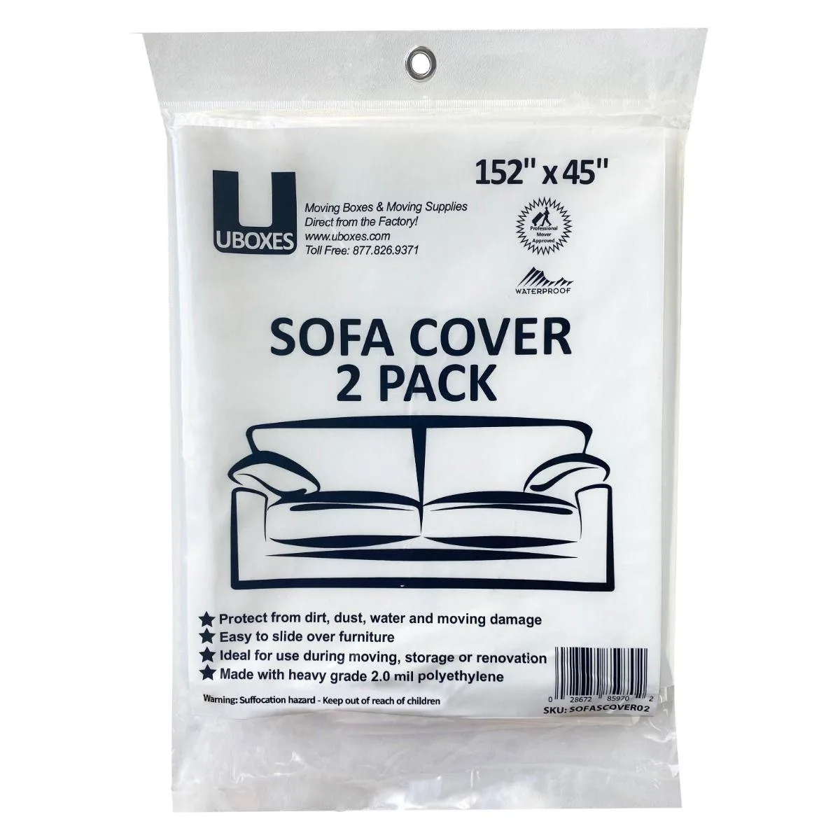 Two clear polyethylene sofa covers, 152 by 45 inches, folded flat in a pack of two