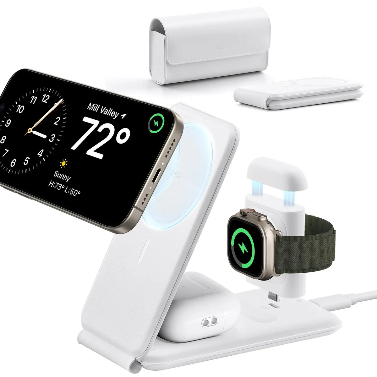 White foldable 3-in-1 MagSafe charging stand with Apple Watch and AirPods pads