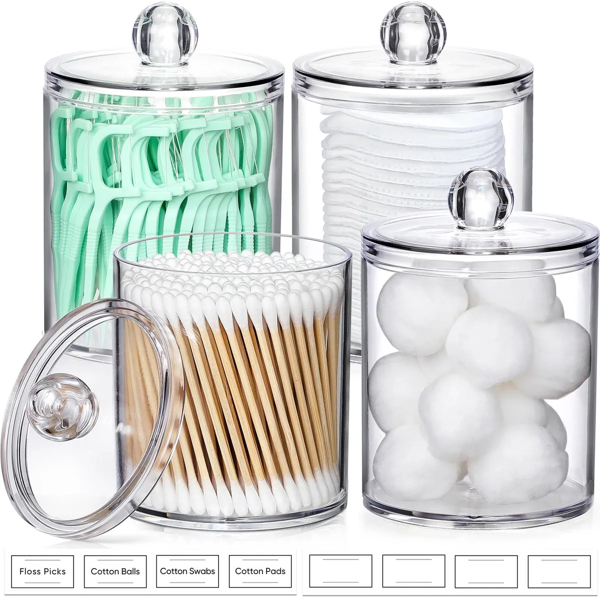  AOZITA 4-Pack Clear Acrylic Qtip Holder Dispenser Set with Labels (Z72-410OZ) — product photo