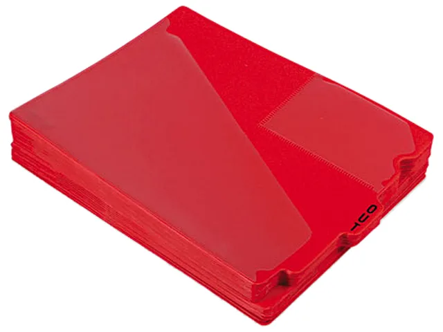 Red poly end-tab out guides with center tab, transparent diagonal pocket and index card pocket, 50 per box