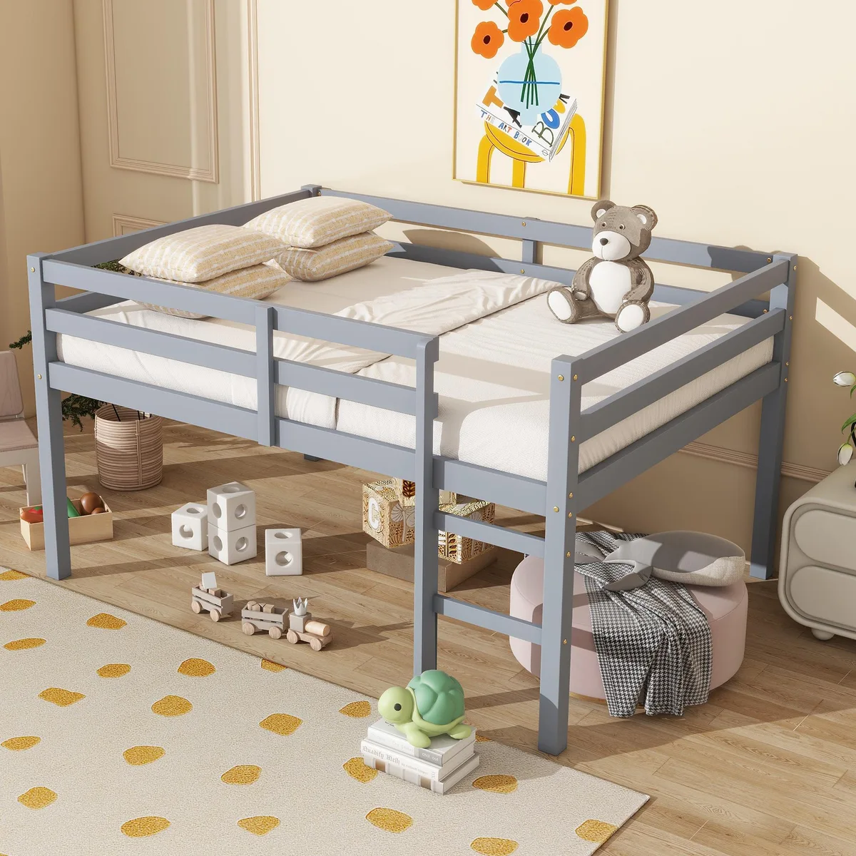 Grey rubber wood loft bed with ladder and high guard rails