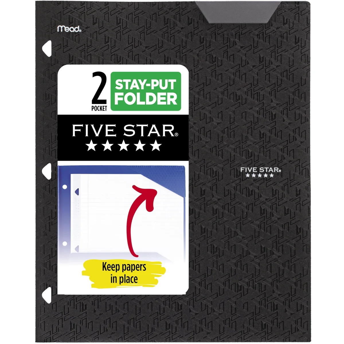 Black plastic two-pocket folder with stay-put tabs, 3-hole punched for binders