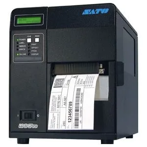 Grey industrial label printer with parallel port, heavy metal case and large media roll holder