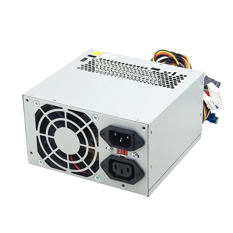 Silver ATX power supply unit with fan grille and cable bundle