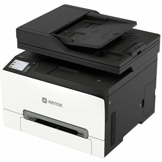 White box-shaped colour laser multifunction printer with flat top and front paper tray