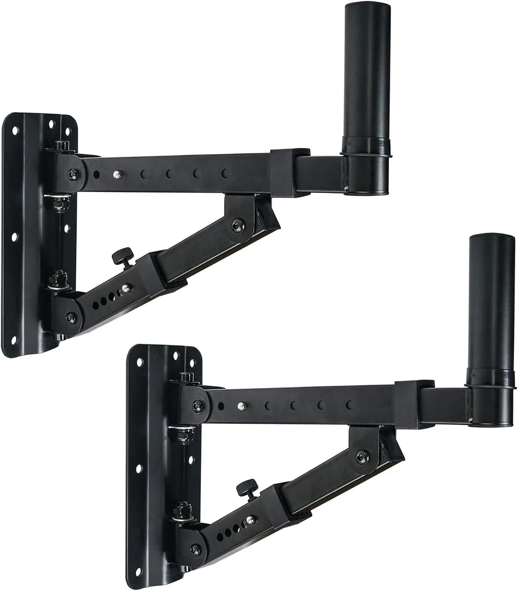 Two black steel speaker brackets with swivel arms on white background